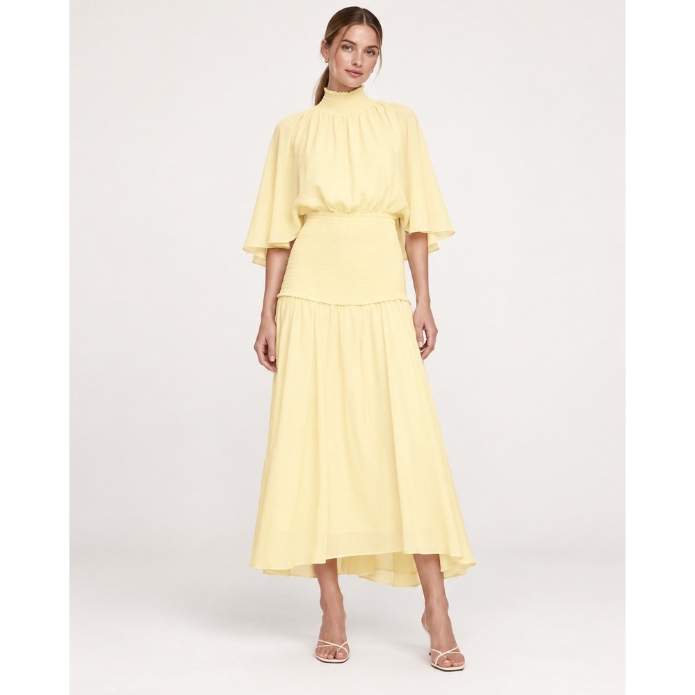 Banana Republic Womens Maxi Dress S Yellow Smocked High Neck Cape Sleeve Elegant